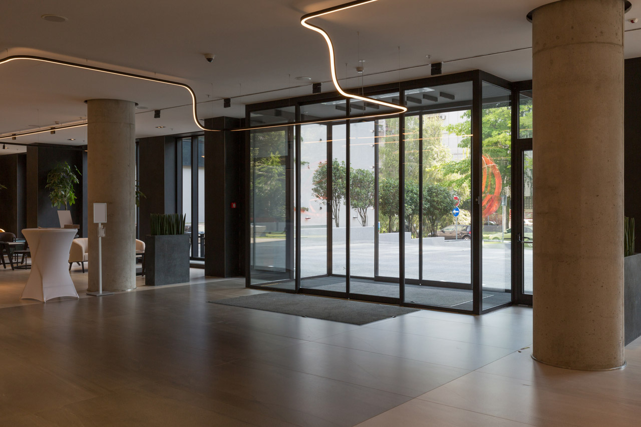 Hotel entrance interior, glass automatic sliding doors